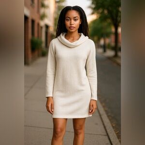 H&M White Fuzzy Long Sleeve‎ Cowl Neck Sweater Dress XL Turtleneck Fall Winter